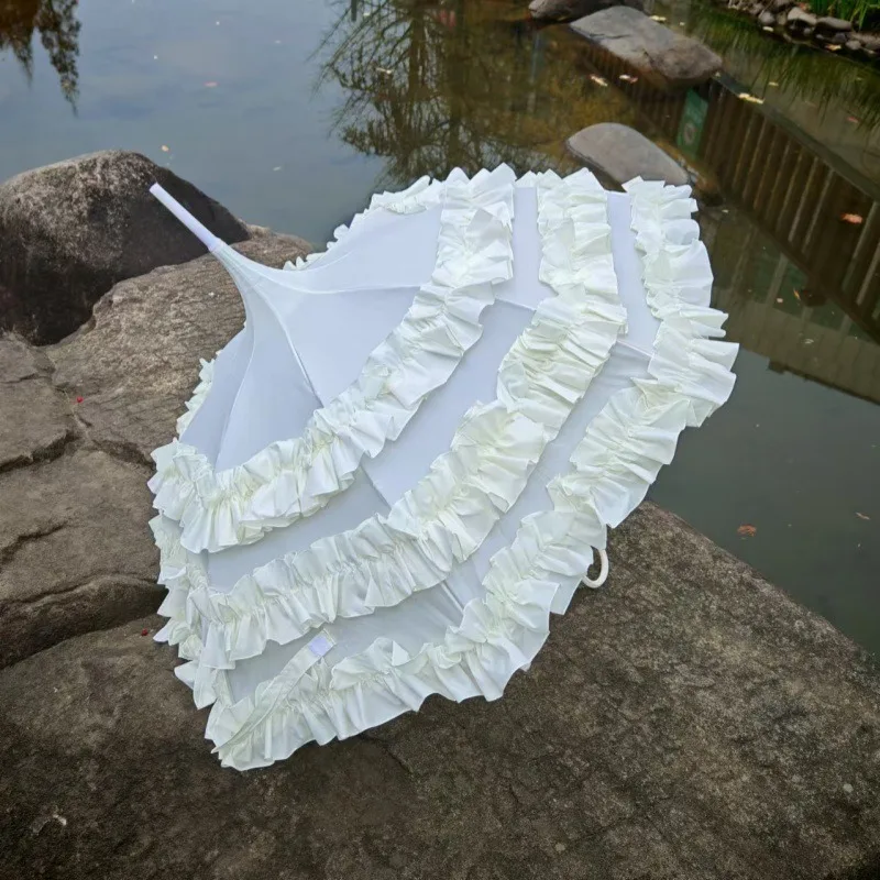 Multi-layer Ruffled Lace Pagoda Umbrella Beige Sweet Lolita Princess Style Sun Rain Dual Use For Cosplay Costume Accessory