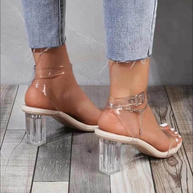 High Heel Summer Women 2022 Thick Heel Transparent Belt PVC Plus Size Women Sandals Closed Toe Ladies Sandal Heels Sandaleas