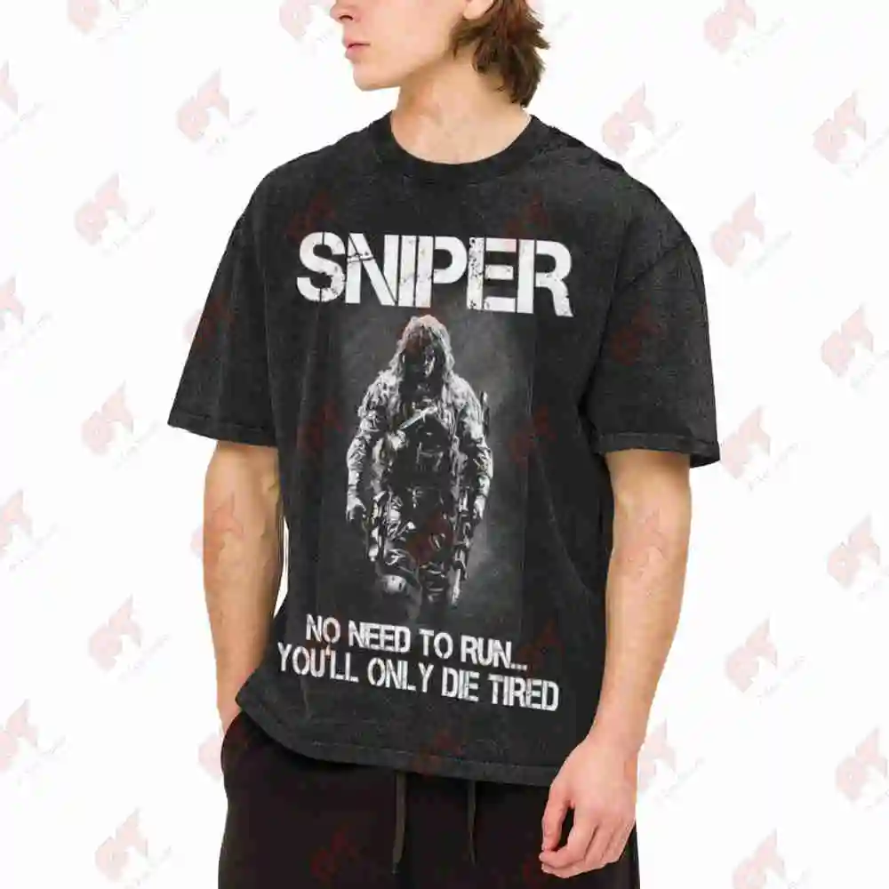 Sniper Print Vintage Washed Tee Pure Cotton T-Shirt