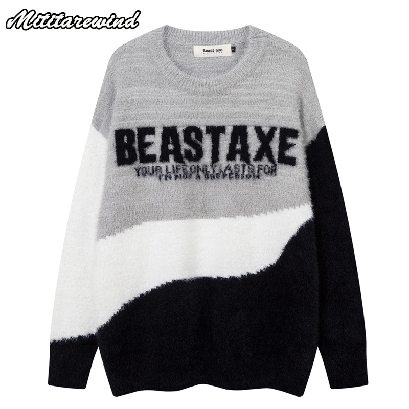 

Autumn Winter Contrast Color Soft Pullover Sweater Men Letters Jacquard Casual Loose Warm Knitted Sweater Women O-neck Pullovers