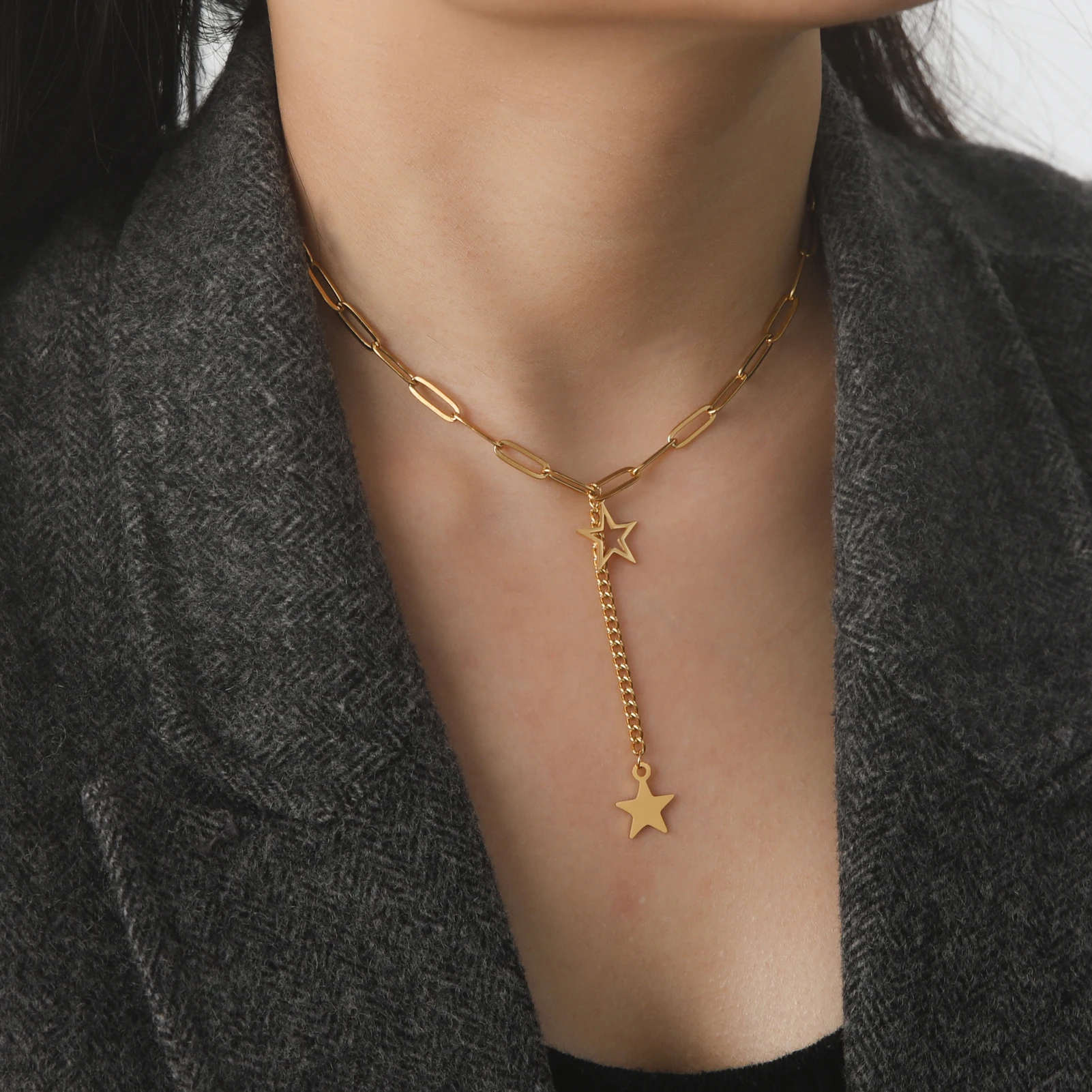KKjoy Stern-Anhänger-Halskette für Damen, silberfarben, Edelstahlperlen, Doppelketten-Halsbänder, minimalistischer Schmuck, Accessoires, neu – Detail 6
