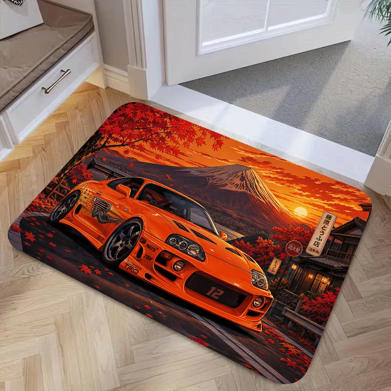 Awesome Japanese Anime Sports Car Rug Design Mount Fuji Autumn Leaves JDM Vehicle Decoration Polyester Area Floor Mat Mat Gift