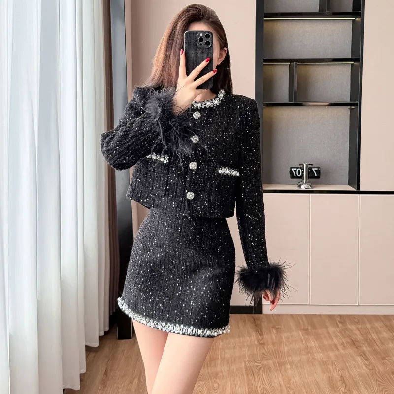 Black coarse woolen 2-piece set with nail bead coat and skirt 2026 new style small fragrant autumn/winter women's clothing