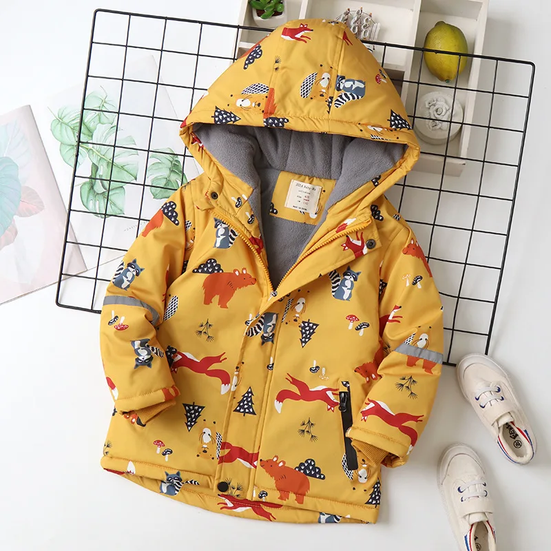 IYEAL Children's Coat Animals Printed Kids Clothes Cotton Padded Warm Velvet Windproof Hooded Jacket Boys Baby Thickened Outwear