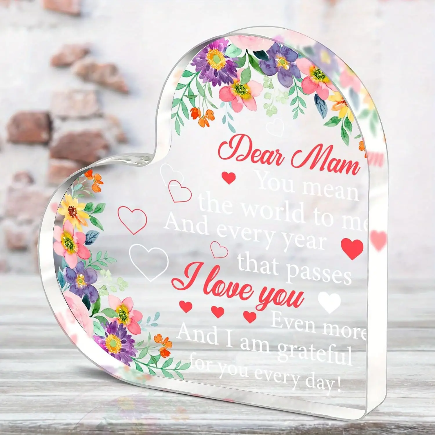 I Love You Mom Heart‑Shaped Acrylic Sign, Sentimental Quote Home Desktop Keepsake for Mother