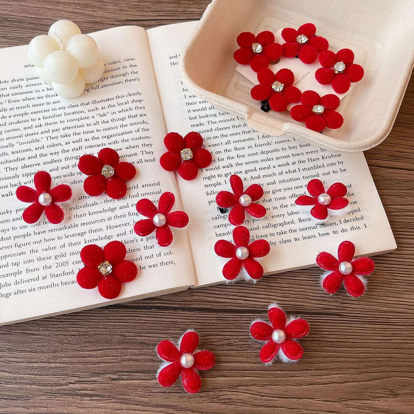 2026 Neu 8-teiliges Set Niedliche Rote Samt-Blumen Haarspangen Mini Kristall-Perlen Schonende Haarklammern für Babymädchen Neujahrs-Party-Geschenk – Detail 6