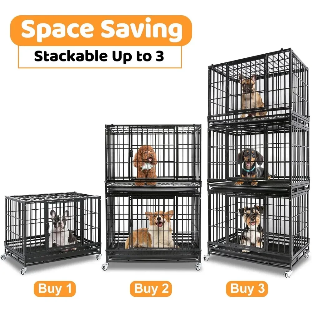

Escape Proof Dog Cage with Wheels, Tray, High Anxiety Dog Kennel Indoor Double Door, Collapsible Dog Crates for Medium Dogs