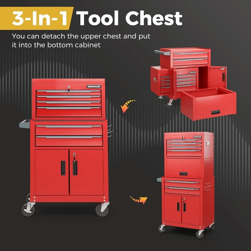 "6-Drawer 3-in-1 Tool Chest - Extra Large Storage Cabinet w/Auto Lock & 4" Lockable Wheels