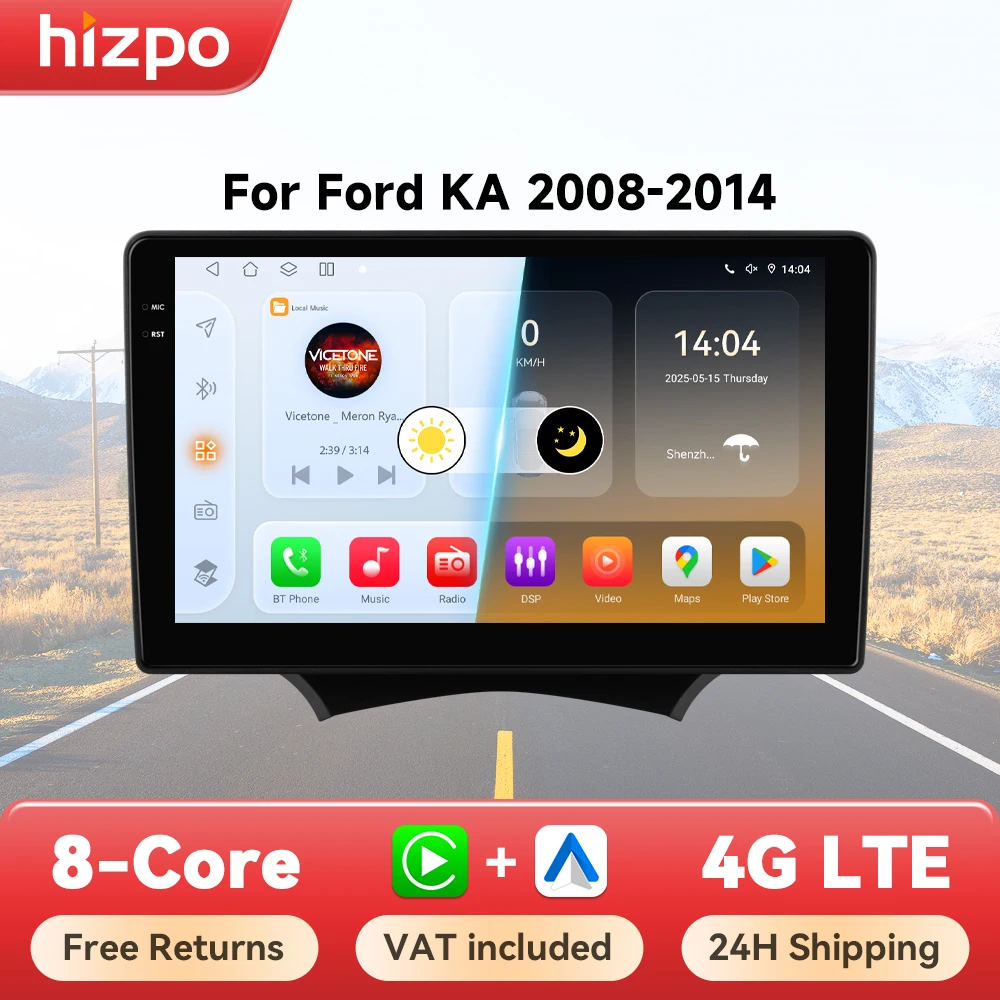 Hizpo Kabelloses Carplay Auto-Multimediasystem für Ford Ka 2008 2009 - 2014 Android Auto Haupteinheit Radio Navigation GPS WIFI DSP 6115