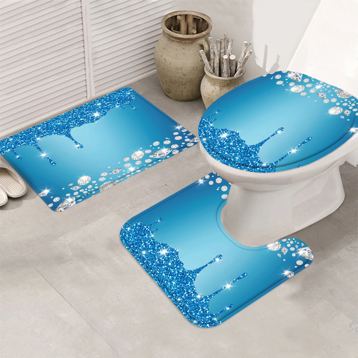 1/4 Piece Shower Curtain Set, Waterproof Bathroom Partition Curtain with Hooks, Anti-Slip Bath Rug, U Shape Mat, Toilet Seat Cov