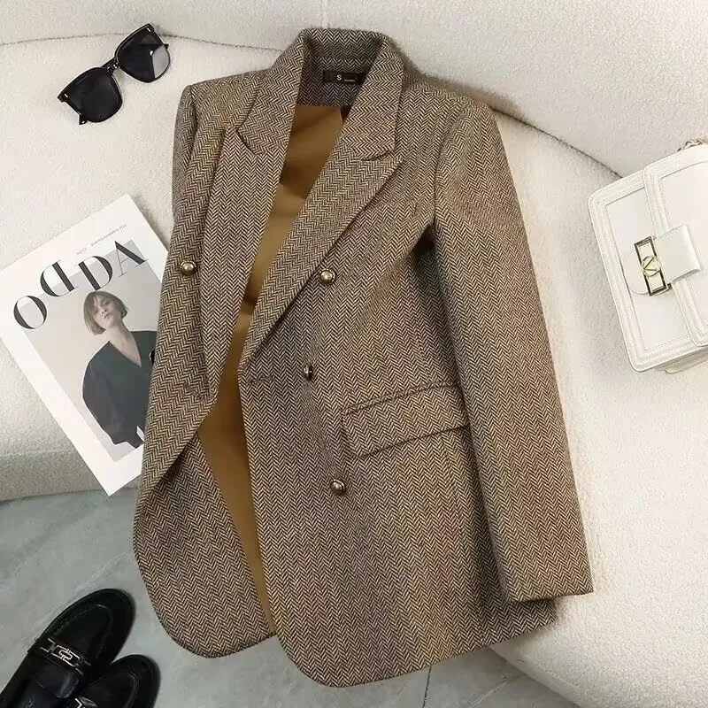 2026 Winter New Product High-end Coffee Color Retro Lace-up Cotton-padded Woolen Blazer Women's Commuting Leisure