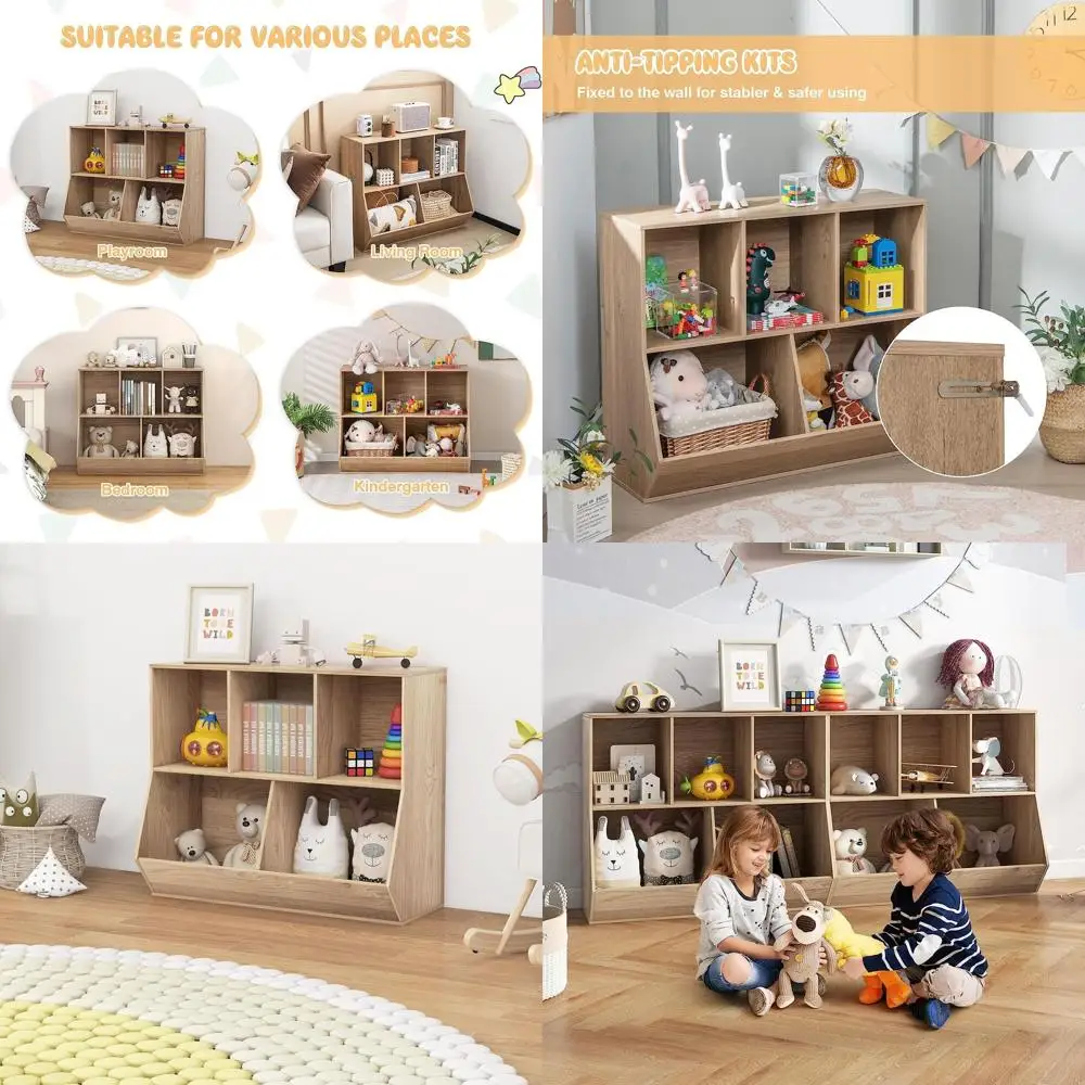

Natural Kids Toy Storage Cabinet with Anti-Toppling, Playroom Bookcase & Organizer