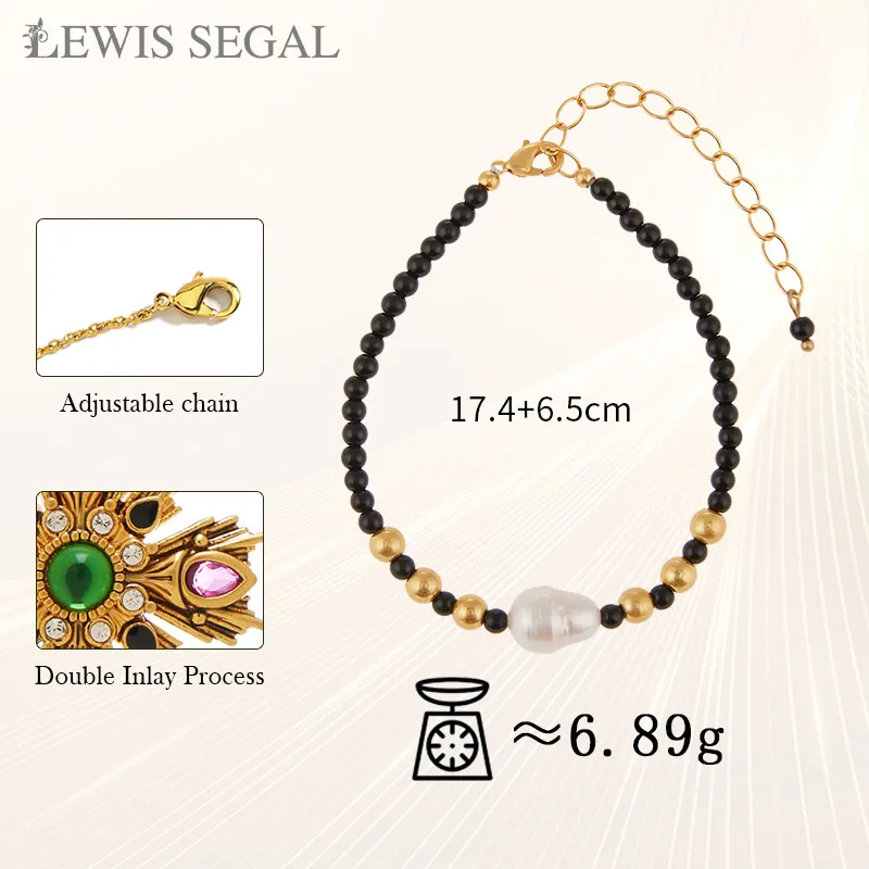 LEWIS SEGAL 여성용 진주 팔찌, 18K 골드 블랙 비즈, 조절 가능한 체인, 럭셔리 우아한 파티, 다목적 파인 주얼리