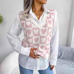 2026 Autumn Winter Sweater Vest for Women Casual Preppy Style Heart Sleeveless Knitted Pullovers Valentine's Day Gift Woman Tops