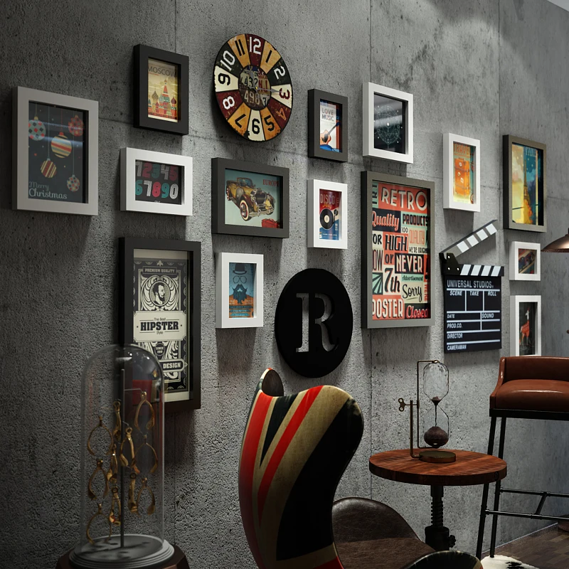

Industrial Photo Frame Combination and Clock Decoration and Vintage Painting Interchangeable Photos Creative Living Room Bedroom