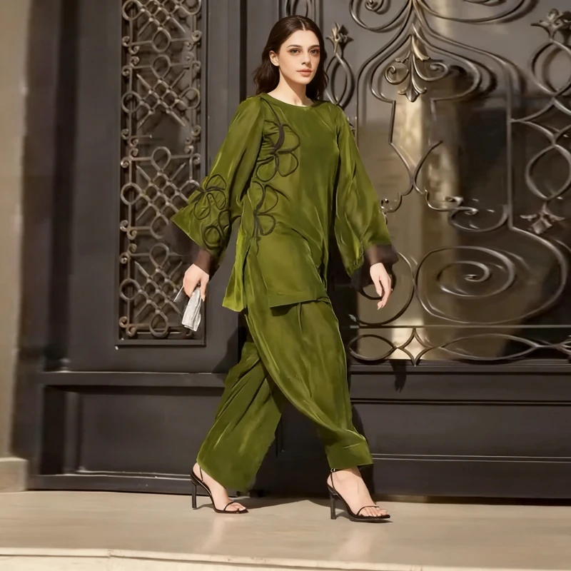 Muslim Sets Women Top Blouse Wide Leg Pants Suit Flower Outfits Modest Morocco Ramadan Dubai Islam Trousers Ensemble 2026