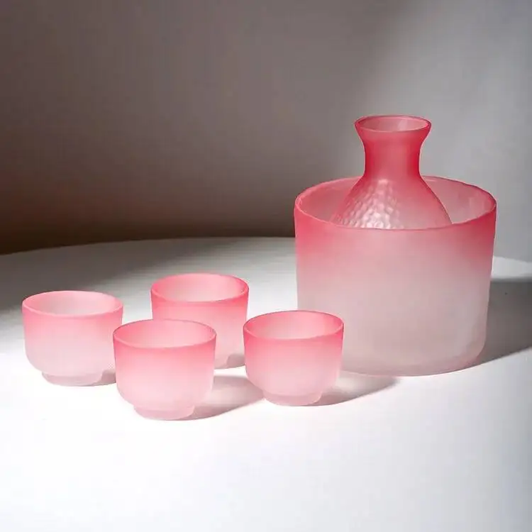 

Frosted Pink Sake Pot Sets Japanese Glass Bar Wine Dispenser Chinese Baijiu Soju Shot Glasses Flask Barware Kitchen Accessories