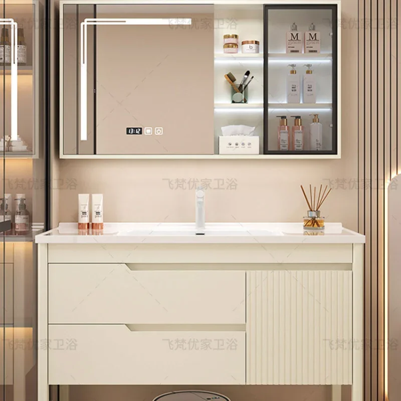 

Oak Painted Minimalist Bathroom Cabinet Combined with Ceramic Integrated Basin Bathroom Sink Floor Standing Washbasin