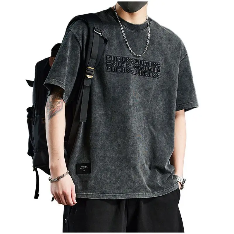 Vintage Plus Size Tops Tees Men's Summer New Short Sleeve Solid All-match Print Letter T Shirts Fashion Casual Men Clothing