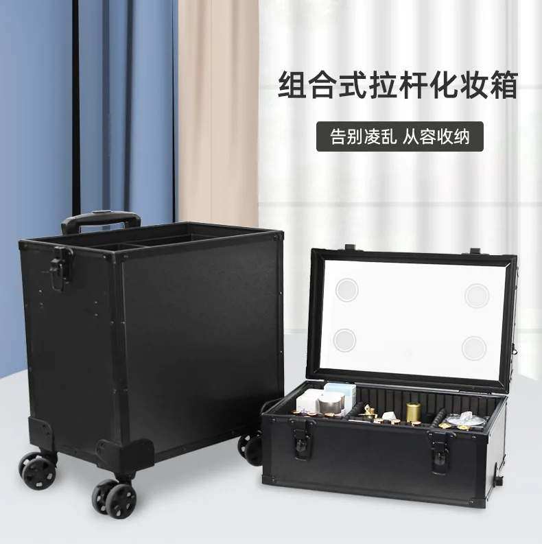 حقيبة مستحضرات تجميل ذات سعة كبيرة بطبقة مزدوجة من المصنع، فنان مكياج احترافي مع مصباح وشم فني للأظافر em