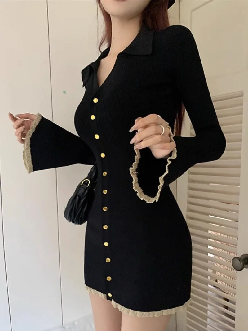 2024 Chic Coquette Black Mini Cabaret Dress Women Korean Style Y2k Sweet Ruffles Long Flare Sleeve Tunic Knitted Dresses Autumn