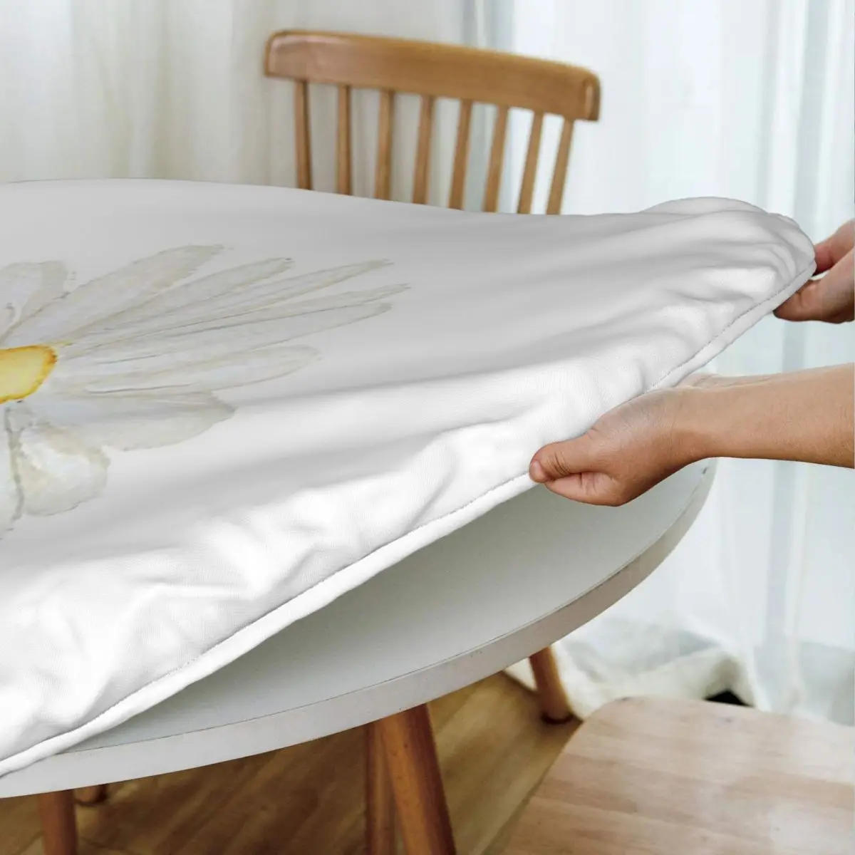 Hand Painted One Little White Daisy Watercolor Waterproof Round Tablecloth Table Cloth for Kitchen Events Dining Table Cover