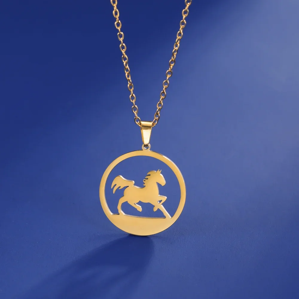 Horse Necklace Round Hollow Stainless Steel Pendant Link Chain Gift For Woman Man Gold Color Fashion Jewelry