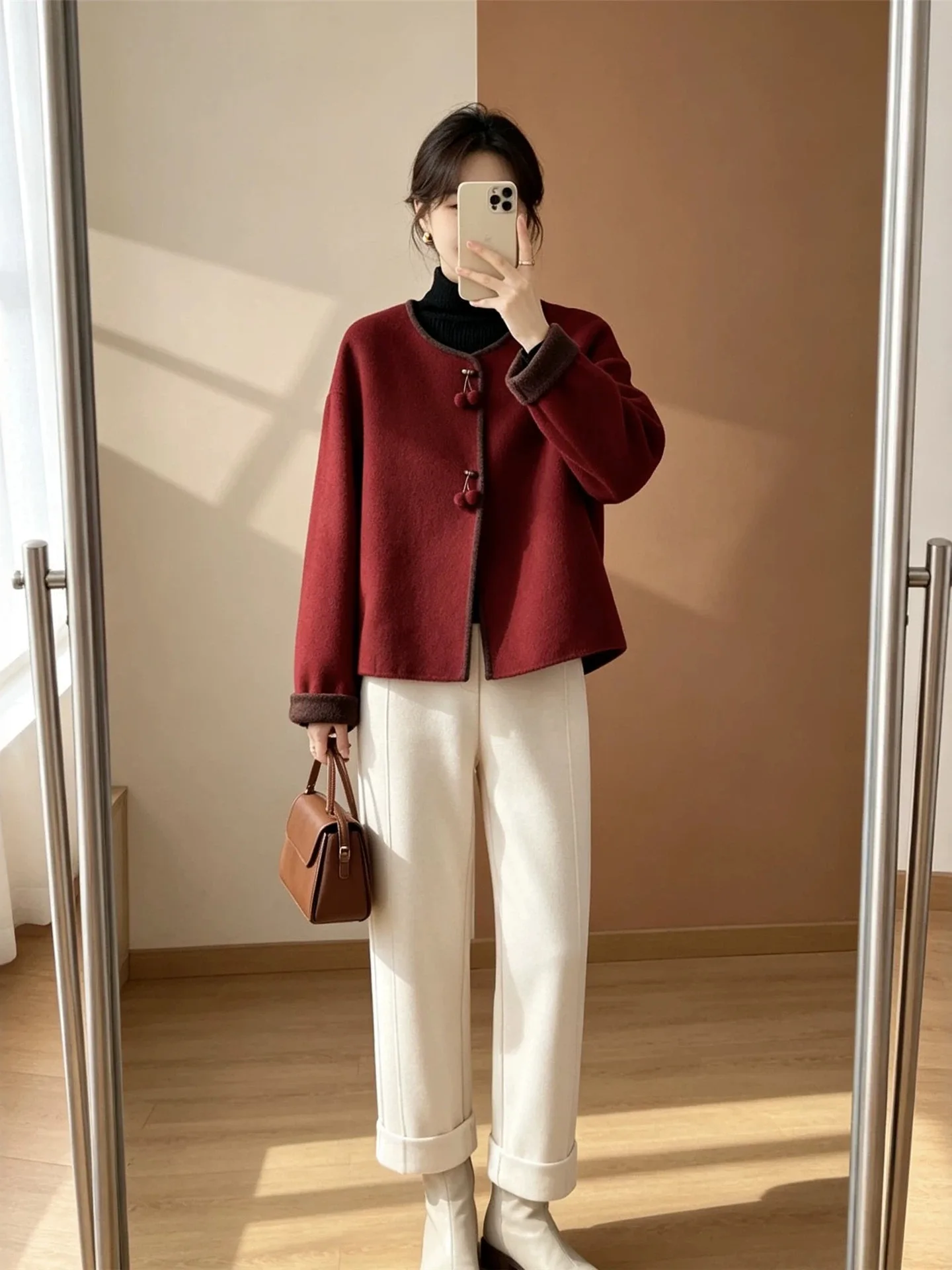Autumn Winter New Style Chinese National Small Fragrance Woolen Coat Women Short round Neck Single Button Sheep Plush Jacket