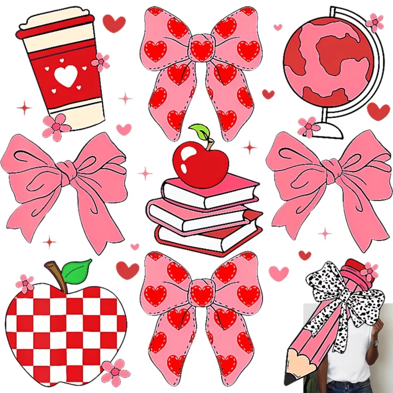 Cute Style Heat Transfer White Ink Iron - on Patches, Bow Apple Book Coffee Globe Patterns, Suitable for T - shirts, Canvas
