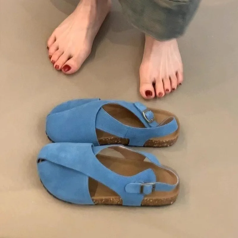 جديد ريترو عبر حزام الشقق المرأة جولة تو انقطاع تنفس خط واحد مشبك فرك الصنادل الجلدية عدم الانزلاق #1