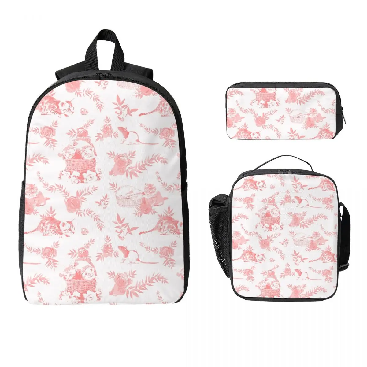 

Red Toile De Jouy Backpack Student Boys Girls BookBag School Bag Laptop Shoulder Bags 3ps Insulated Lunch Bag Pencil Case