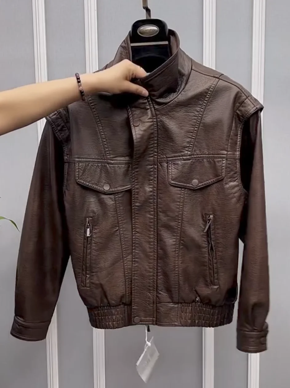 

High Quali Men's Stand Collar PU Leather Jaet Comfortable Faionable Spring Autumn Lightweight Luxury Cool Outerwear