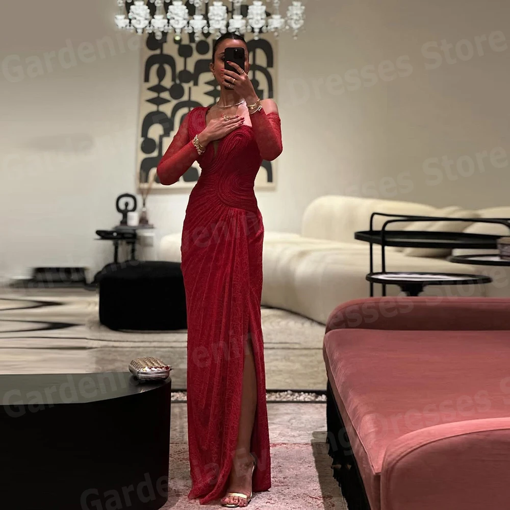 Graceful Mermaid Women's Evening Dresses Lace Long Sleeve Prom Gowns Customized Side Slit Pleated Vestidos De Fiesta Elegantes