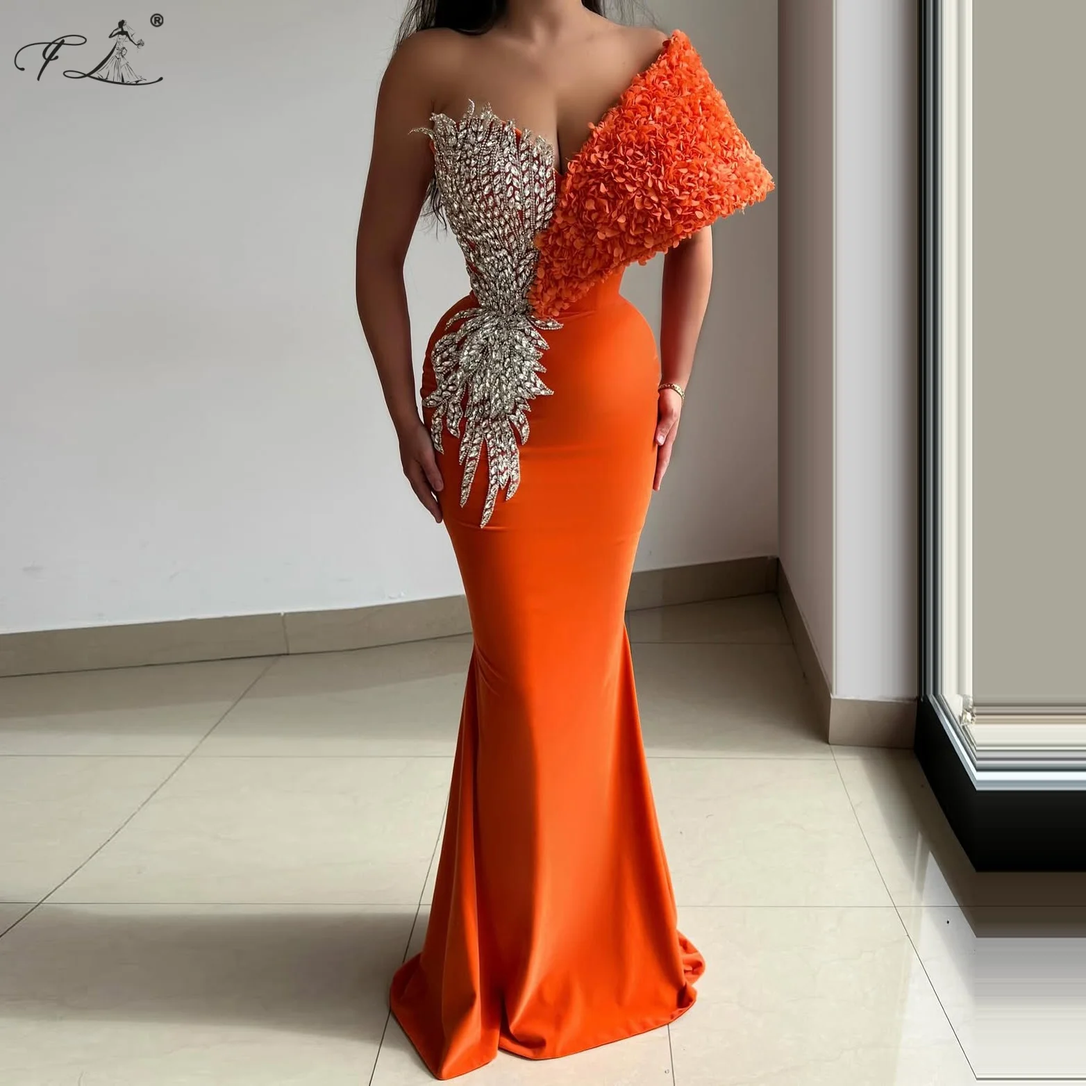 

Crystal Mermaid Dress Orange Asymmetrical Shoulder Evening Gown Sexy Deep V Cocktail Prom Dress Party Holiday Dress Customizable