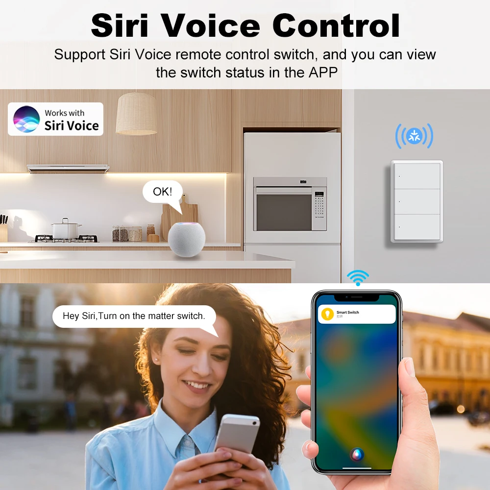 Tuya WiFi Matter Smart Switch Neutral Wire Optional Push Button Light Switch US Standard Switch APP Remote Control With Alexa