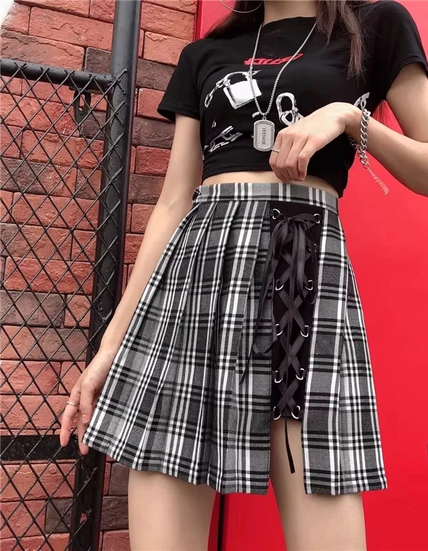 Chic JK Uniforme Gonna irregolare con lacci scozzese grigio giapponese Estate Nuova linea a vita alta Gonne corte versatili che riducono l'età
