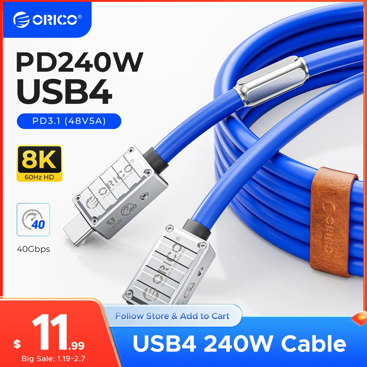 ORICO USB4 Cable 240W for Thunderbolt 4 PD3.1 Charging 40Gbps Data Transfer Video 8K@60Hz Silicone for iPhone Mac eGPU Laptop