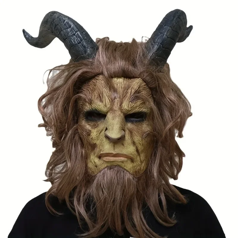 

Mask Menacing Goat Headed Beast Headgear Realistic Halloween Cosplay for Parties Graduations Themed Events Long Blonde Wig