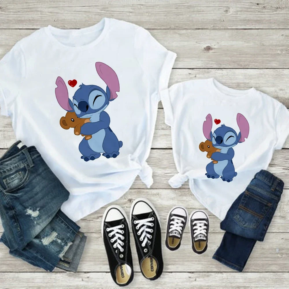 Cute Stitch Print Disney T Shirt Childern Summer Sweet Style Soft Girl Aesthetic Family Matching Clothes Mom and Daughter Equal