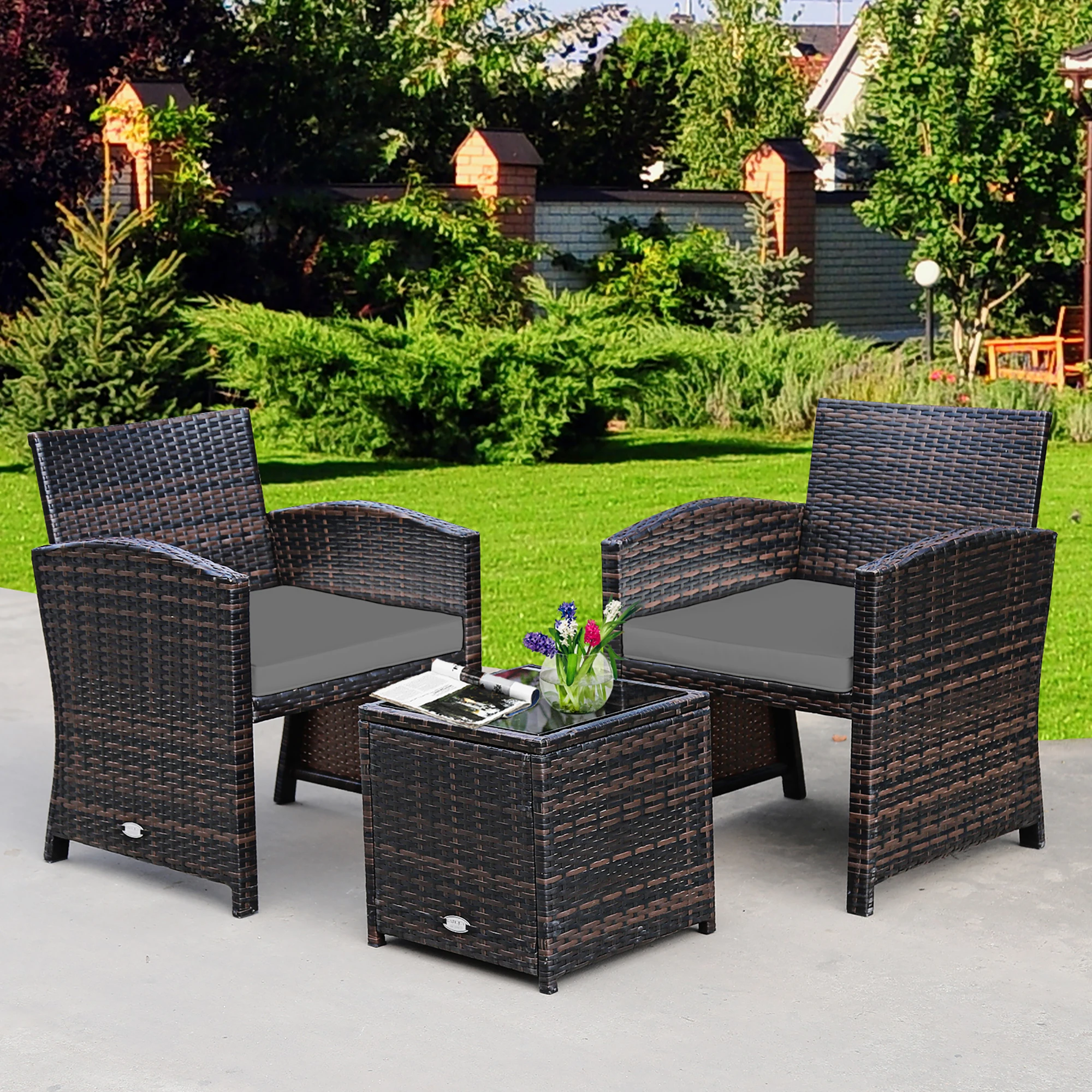 3PCS Patio Rattan Wicker Furniture Cushion Sofa Coffee Table Gray