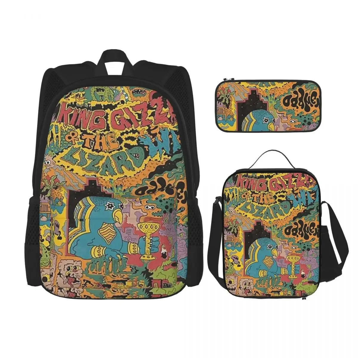 

King Gizzard Oddments Backpacks Boys Girls Bookbag Students School Bags Cartoon Kids Rucksack Lunch Bag Pen Bag Three-Piece Set