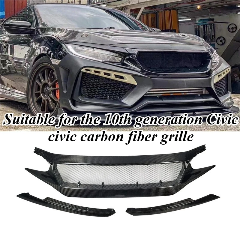 

For Honda Civic 10th Generation 2016-2021 Front Grille Glossy Carbon Fiber Look Replacement Grille Mesh Styling Exterior Parts