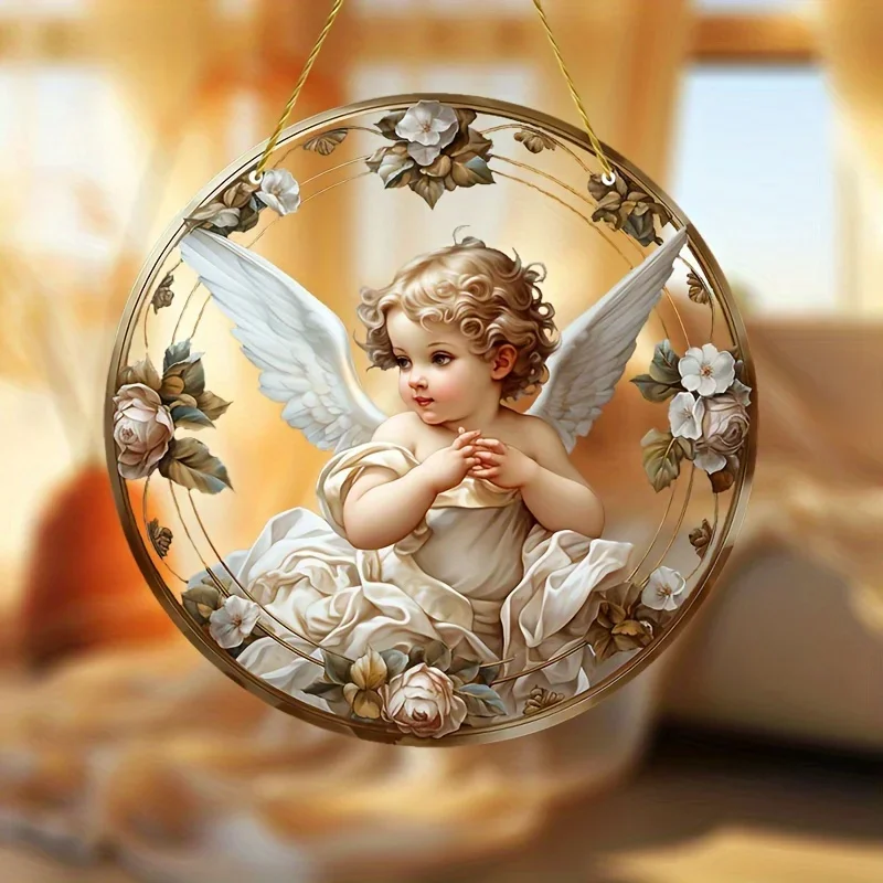 Cute Angel Printed Window Acrylic Suncatcher Home Living Room Decor ound Wall Hanging Pendant Kids Bedroom Ornaments Plate Gift