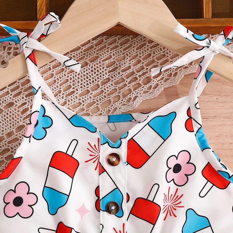 Macacão de camisola estampado infantil, macacão de sling infantil, roupa infantil, roupas de bebê menina, verão, dia dos veteranos, 1 a 5 anos