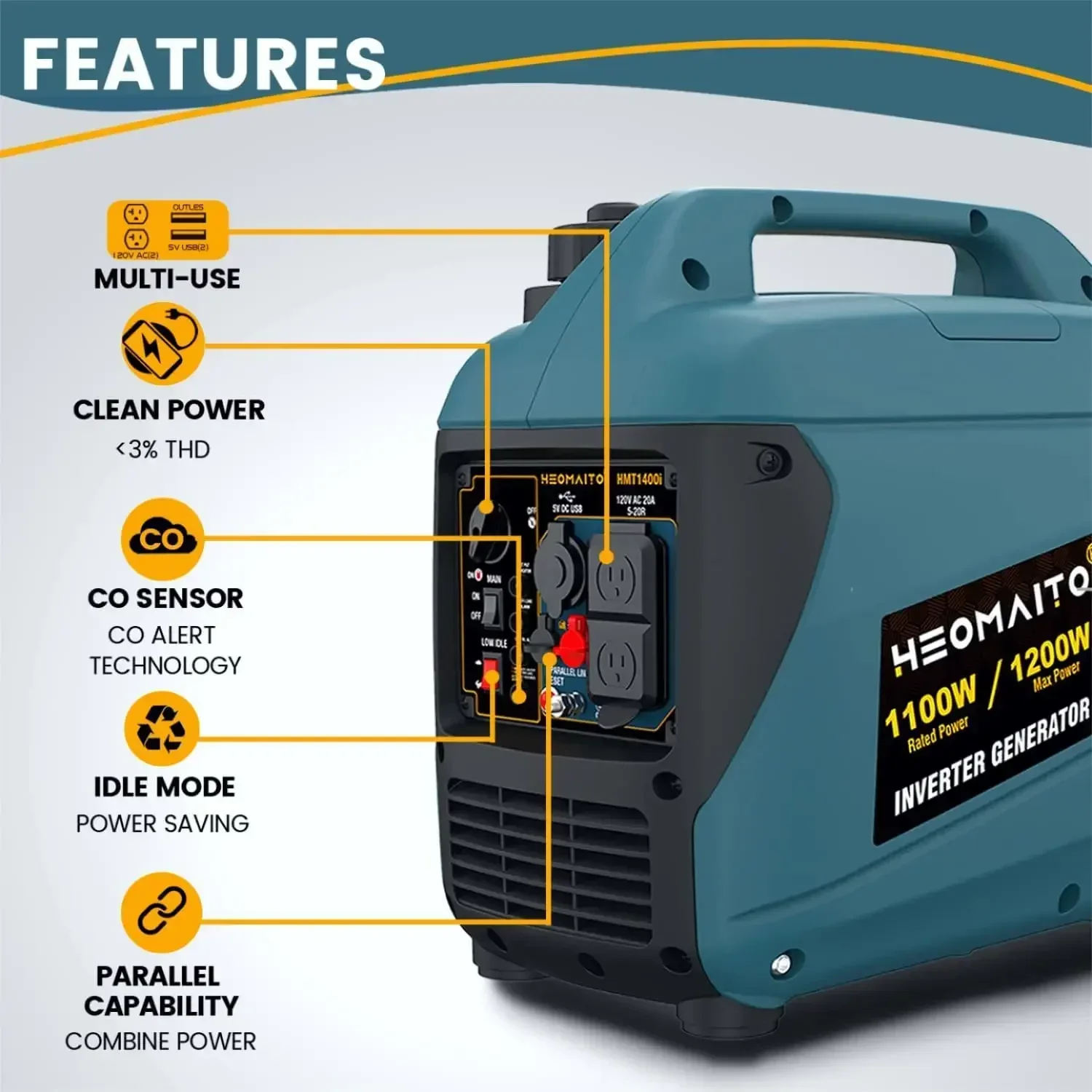 Portable Inverter Generator 1200W Ultra Quiet Gas Powered w/ CO Sensor Eco-Mode, Parallel Capability,for Outdoor Camping