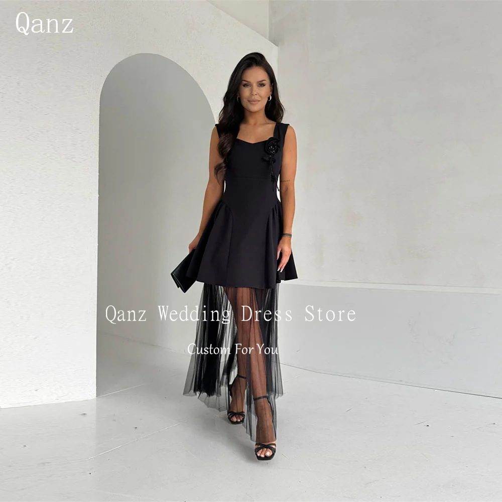 

Qanz Vintage Black Prom Dress Spaghetti Straps Floor Length Flower Vestidos De Fiesta Elegantes Evening Dresses Customized