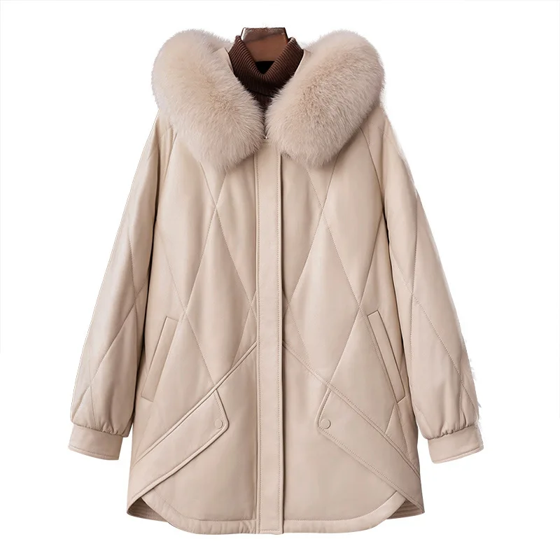 

В наличии 2025 г., кожаный пуховик из натуральной овчины с капюшоном, весеннее женское пальто на гусином пуху с воротником из лисьего меха, новый стиль