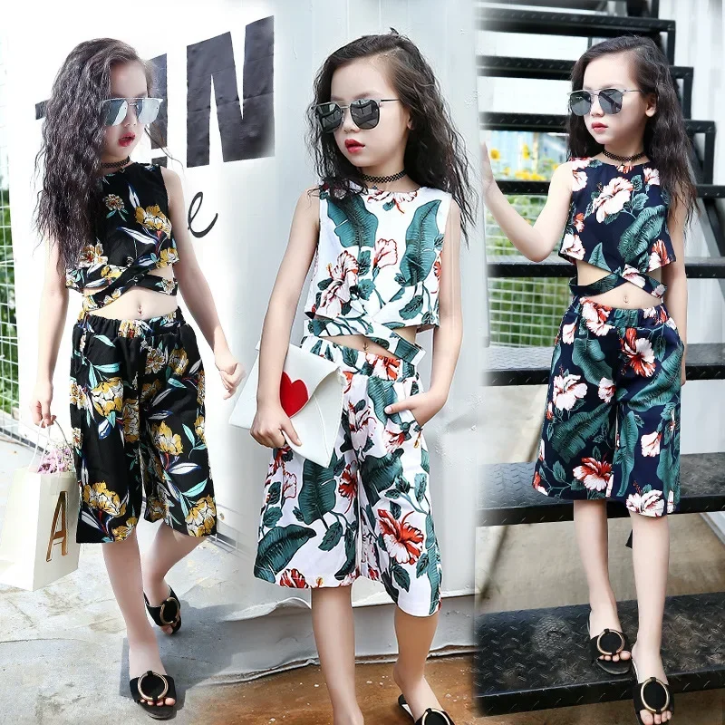 

Fashion Kids Clothes Sets for Girls Summer 2Pcs Clothing Suit Crop Tops + Pants Floral Teenage Children Outfits 4 6 8 10 12 Year