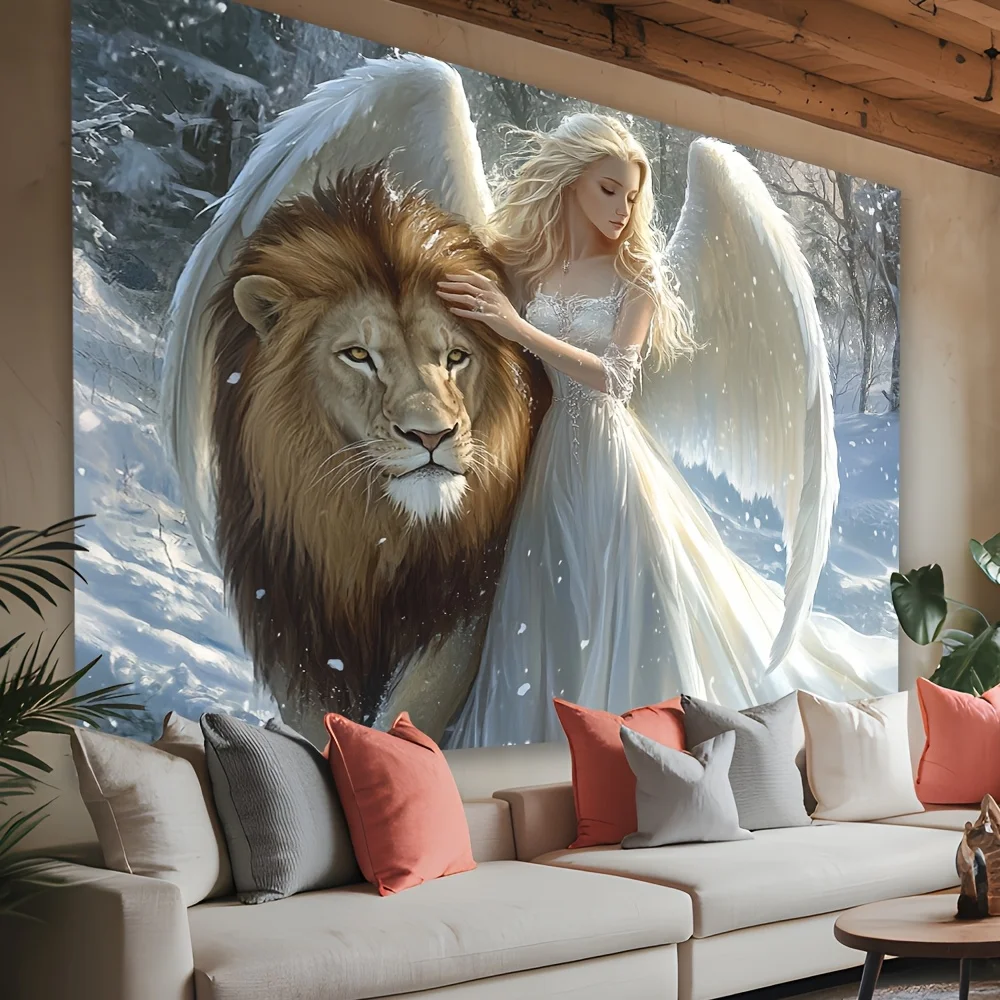Angel and Lion Tapestry Wall Hanging Fantasy Winter Snow Landscape Art Fabric Poster for Living Room Bedroom Home Decor