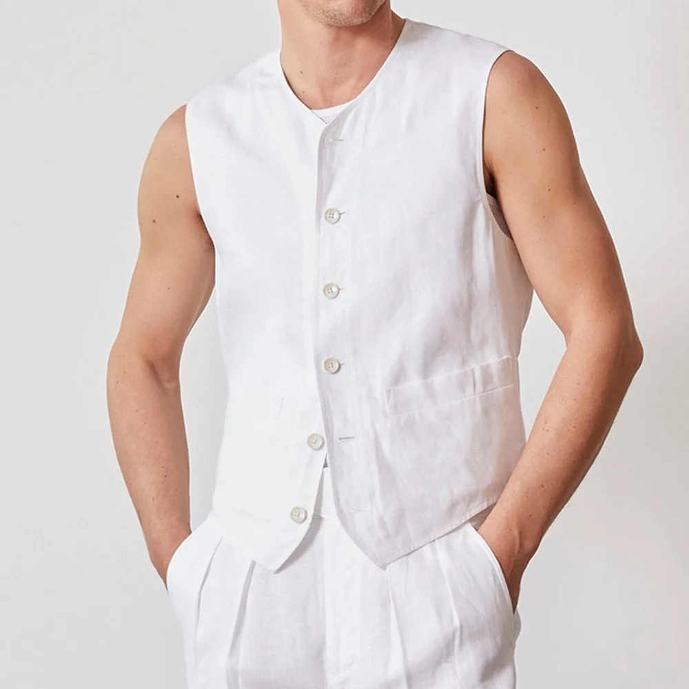 

Round Neck Sleeveless Vest for Men's Suit Casual Lightweight Single-breasted Comfortable Linen Fabric Elegant Man Vest Classic